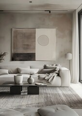 Minimalist modern living room with a sofa and coffee table, a carpet on the floor, wall art hanging above the couch, a grey and beige color scheme, clean lines and simplicity of design