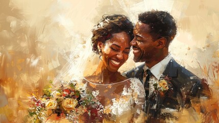 Impressionist style wedding couple portrait