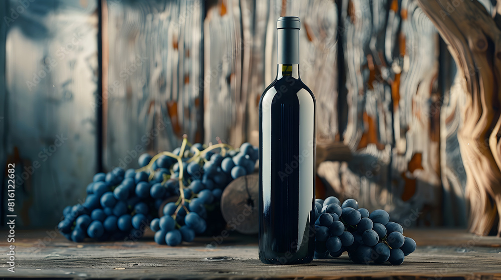 Poster Bottle of red wine with old empty label In the background old weathered snag and blue grapes : Generative AI