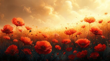 Obraz premium Sunset glow over poppy field