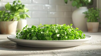 Organic cilantro leaves arranged on plate, culinary ingredient
