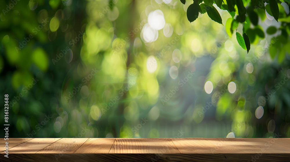 Poster Wood table top on blur green tree background for display or montage product : Generative AI