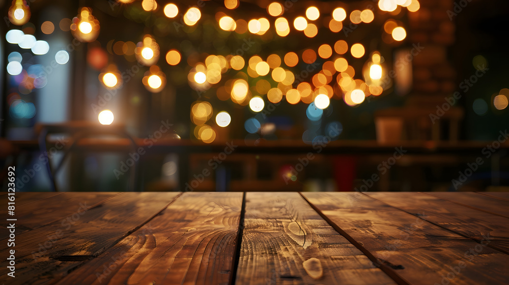 Poster empty wooden table top with lights bokeh on blur restaurant background : generative ai