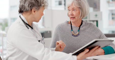 Senior doctor, tablet and discussion with patient for healthcare prescription or diagnosis at...