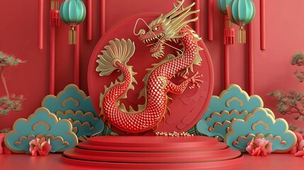 Obraz premium 3D podium displaying a Chinese dragon, symbolizing the Year of the Dragon in 2024, against a vibrant red backdrop with Chinese characters. Generative AI