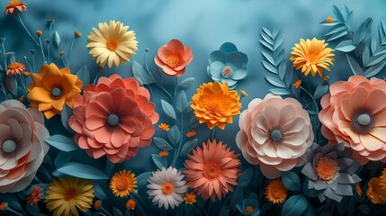 Overhead, an enchanting arrangement of paper cut flowers, their lively hues juxtaposed against a tranquil blue backdrop, creating a scene of ethereal beauty