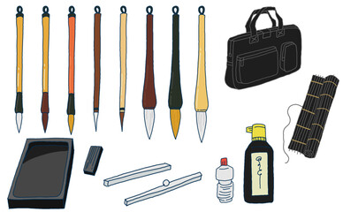 書道道具の手描きイラストセット