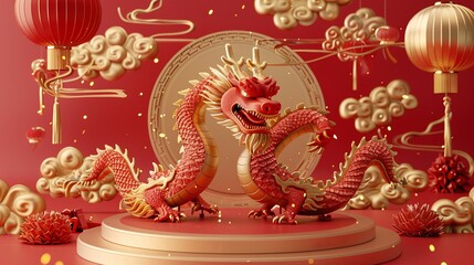 Fototapeta premium 3D podium round stage featuring Chinese New Year 2024 Dragon Zodiac sign, with Chinese translation of happy new year 2024 in a festive setting. Generative AI