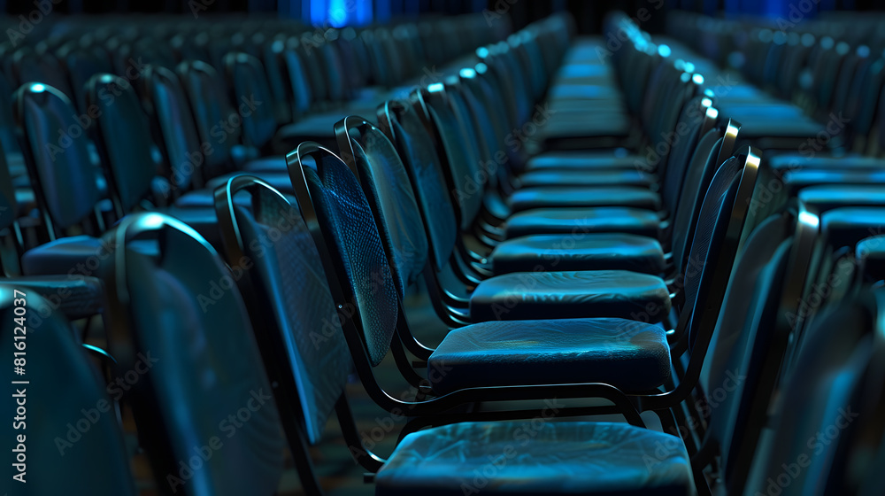 Poster rows of empty chairs in large conference hall for corporate convention or lecture : generative ai