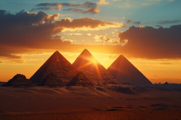 Golden sunset casting a warm glow over the iconic pyramids of giza in egypt - Powered by Adobe