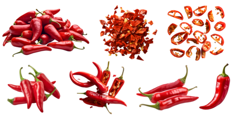 Red chili chilli chilies pepper fruit vegetable, many angles view side top front group slice cut on transparent background cutout, PNG file. Mockup template for artwork graphic design