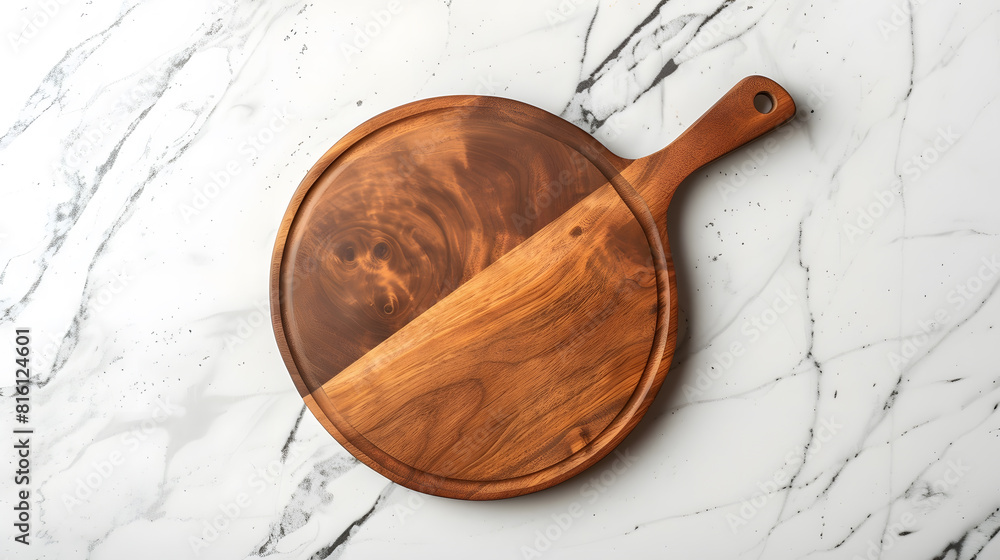 Leinwandbilder round empty wooden charcuterie serving board with handle on a white or gray marble table top view ki