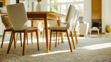Table and chairs on carpeted floor of spacious dining room of modern home with living room in background : Generative AI