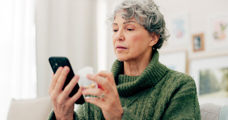 Senior woman, pills and information with cellphone in home on bottle for healthcare or diet....