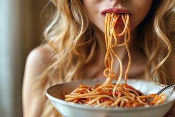 Woman enjoying a bowl of spaghetti