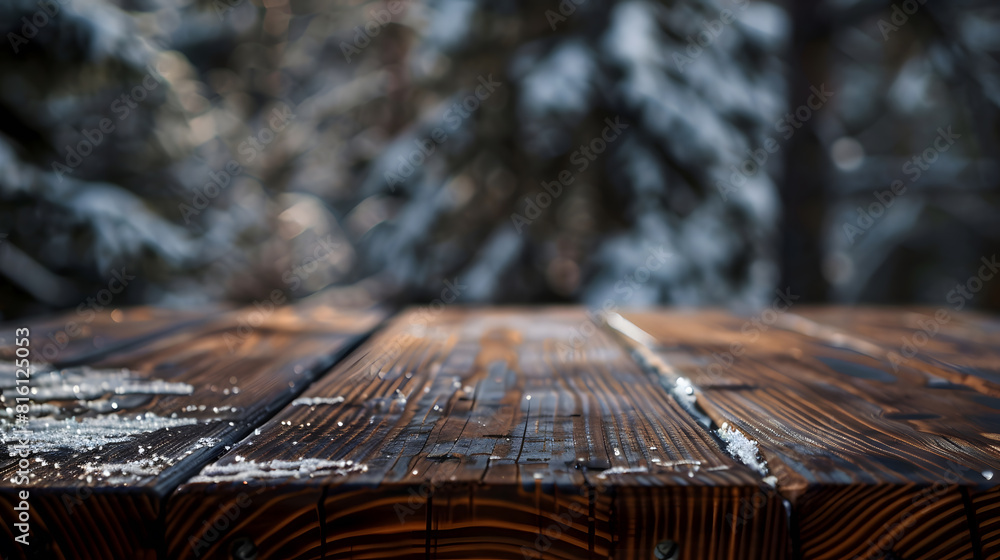 Poster The empty wooden dark brown rustic table top with blur background of winter forest in finland Exuberant image : Generative AI