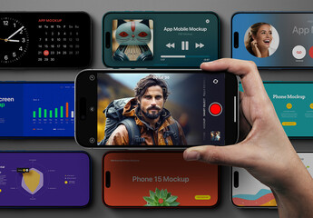 Hand Holding Phone 15 Mockup Horizontal Set