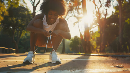 Cheerful young African American woman tying laces on her sneakers before training jogging at city park empty space Happy black female praparing for outdoor running keeping fit : Generative AI - Powered by Adobe