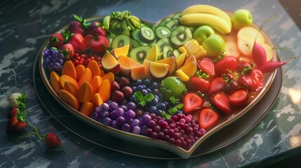 A vibrant heart-shaped platter filled with fresh fruits and vegetables for a colorful and healthy snack or meal. Perfect for those who prioritize nutrition and wellness. AI Generative.