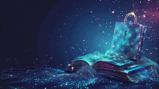 A polygonal notebook and lock with a starry sky illustrating a digital data security concept. Low poly wireframe. illustration. Online data encryption concept. Starry sky consists of points,