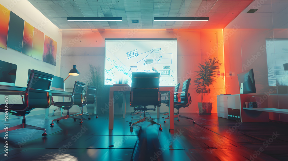 Poster empty conference room for team meetings in modern creative agency with art on walls and desks with c