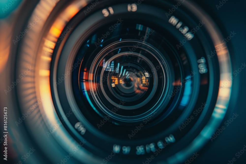 Poster artistic macro shot of a camera lens with a captivating reflection and bokeh