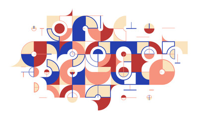 Abstract geometric artistic vector background in ethnic colors, Bauhaus style wallpaper with circles triangles and lines, pattern artwork geometrical abstraction.