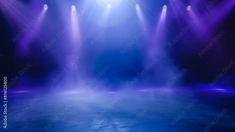 Poster dark stage shows blue and purple background an empty dark scene laser beams neon spotlights reflecti