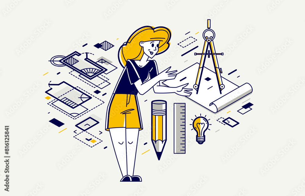 Poster construction engineer working on a project, building architecture designer vector outline trendy ill