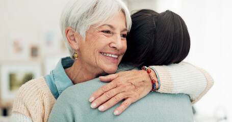 Happy senior woman, hug and elderly care for thank you, gratitude or support for caregiver at home....