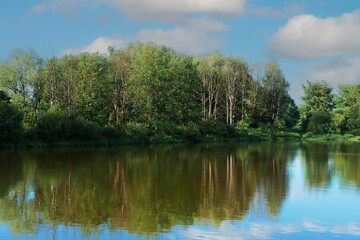 Lake with reflection of forest and sky water.