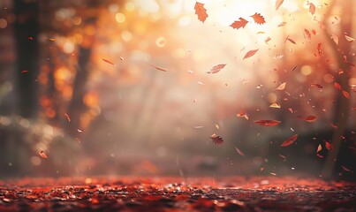 A heartwarming scene of vivid autumn leaves falling on a pathway with a warm, sunny glow creates a charming background or wallpaper that could become a best seller