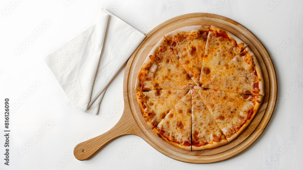 Poster empty pizza board and napkins top view isolated on white : generative ai
