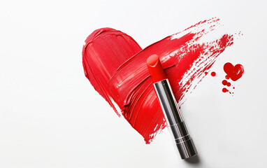 One large smear of red lipstick in the shape of a heart and lipstick in a silver tube