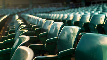 Empty old plastic chairs in the stands of the stadium Many empty seats for spectators in the stands...