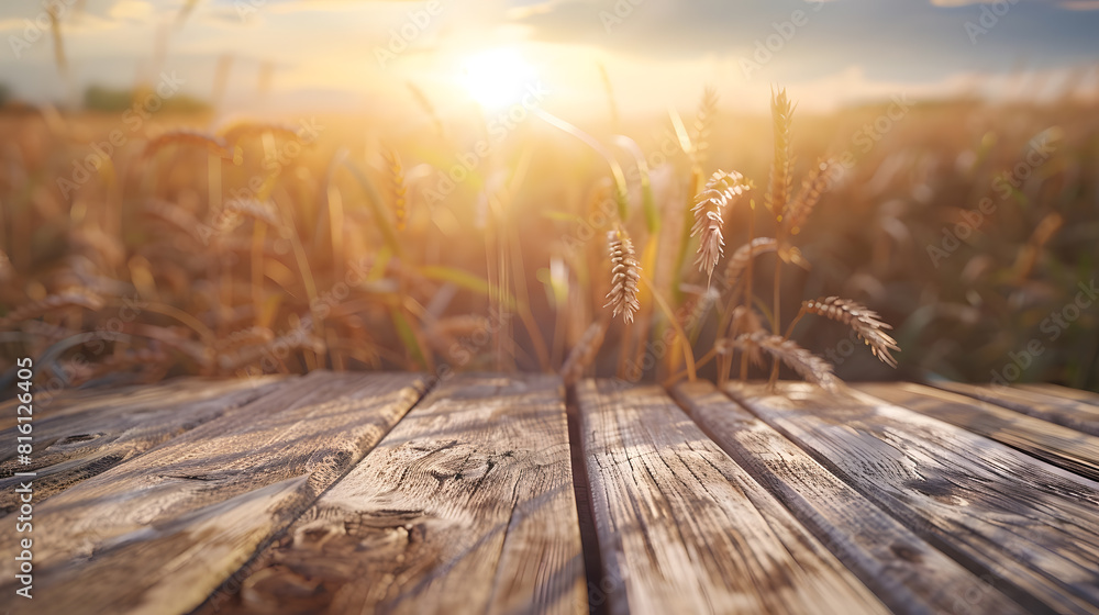 Aufkleber the empty wooden table top with blur background of wheat farm exuberant image : generative ai