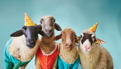 Creative animal concept. Group of sheep lamb in funky Wacky wild mismatch colourful outfits...