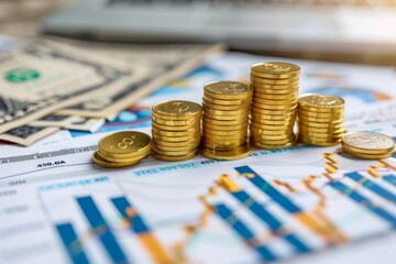 A stack of gold coins sits on top of a stack of dollar bills