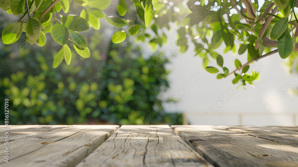 Poster empty wood table top and blurred white wall in garden background with green leaves can used for disp