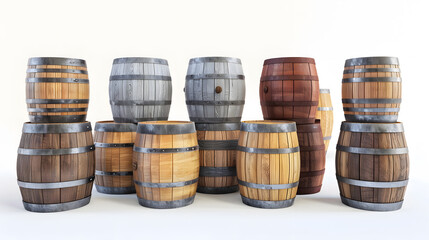assorted brown and gray oak barrels on a white isolated background : Generative AI