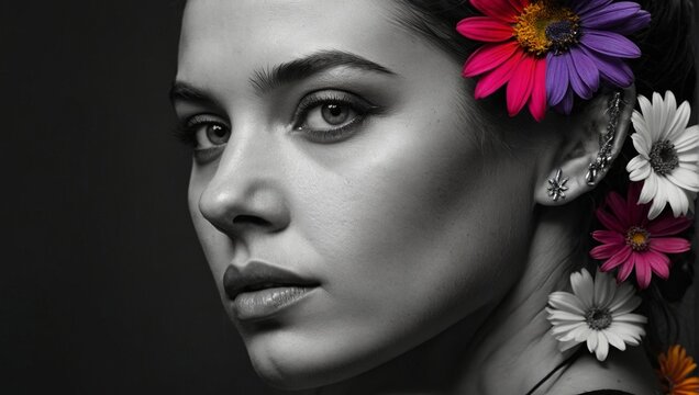 close-up portrait of a woman, flowers in her hair