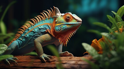 Obraz premium A stunningly detailed and realistic digital painting of a bright blue and orange iguana.