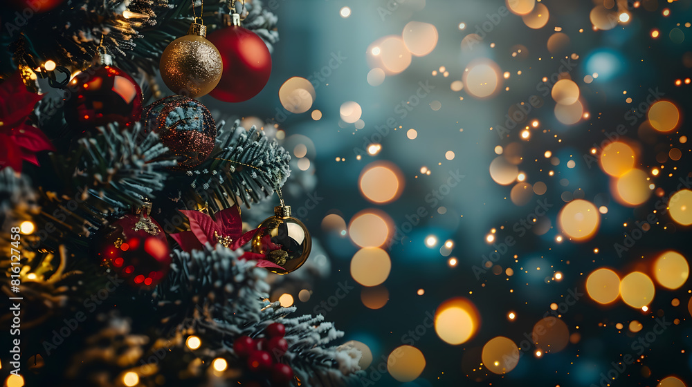 Poster christmas minimal background a christmas tree decorated with balls on a background of blurry bokeh l