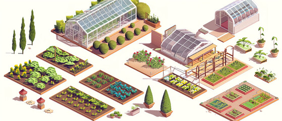 Isometric 3D urban garden with raised beds and greenhouses