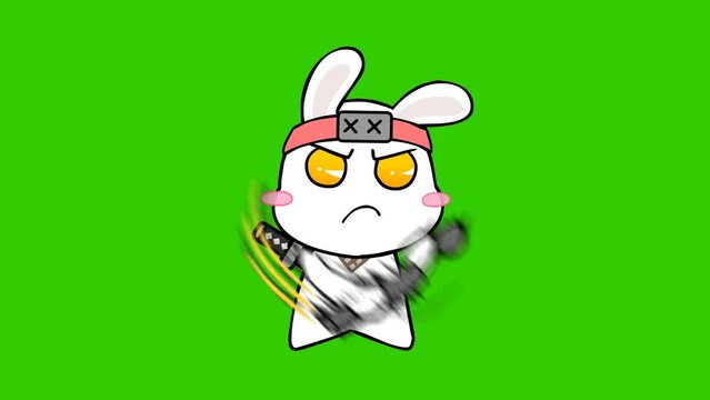 Animated Ninja Rabbit Ready to Fight with Bruce Lee's Nunchaku on Green Screen