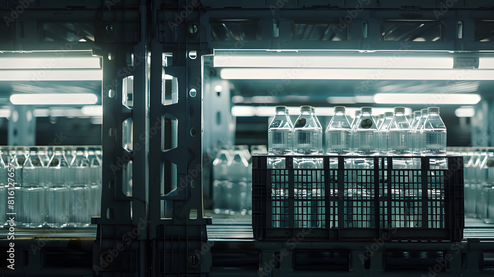 Poster Water bottle crate stacked with empty glass bottle in storage New and clean from factory : Generative AI