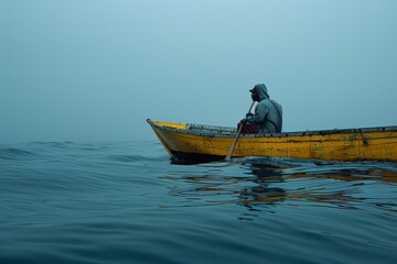 The solitude of the fisherman at sea, Lone figure in weathered boat adrift in mist, vast still waters merging with hazy horizon, evoking quietude.