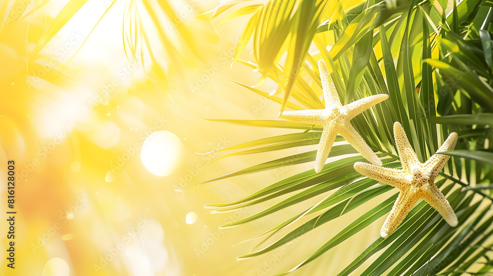 Poster tropical background palm trees branches with blurred starfish on yellow background holiday travel co