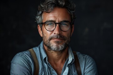 Obraz premium Confident mature man with grey hair and beard wearing glasses and a casual outfit on a dark background
