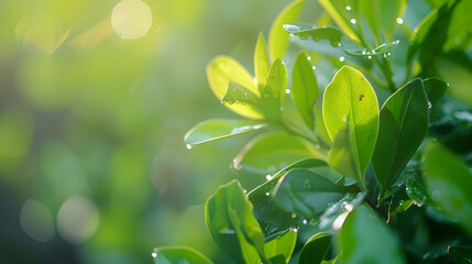 Fototapeta premium Green plant leaves with dew for natural product background : Generative AI